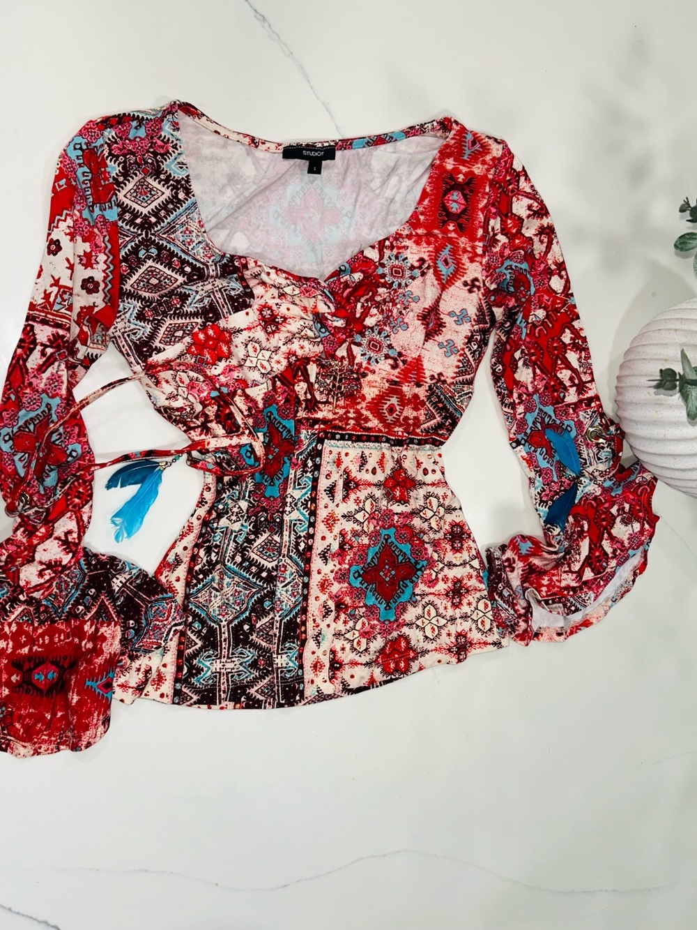 Studio Red Floral Patchwork Tie-Waist Blouse with Teal Accents